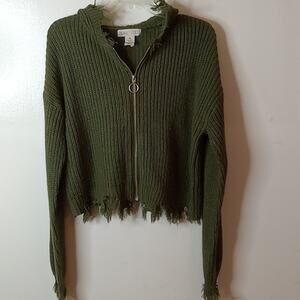 Planet Gold Juniors distressed Olive Green Zip Up Sweater. Medium Festival.